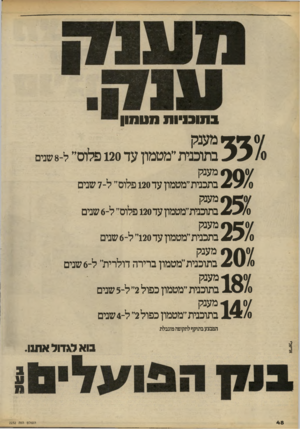 העולם הזה - גליון 2232 - 11 ביוני 1980 - עמוד 48 | במו 13״ומ מטמון בתוכנית״מטמון עד 120 פלוס״ ל8-שנים מענק בתכנית״מטמון עד 120 פלוס״ ל־ 7שנים ^ 2מענק ס /ע ^ בתוכנית״מטמון עד 120 פלוס״ ל 6-שנים בתבנית״מטמון עד