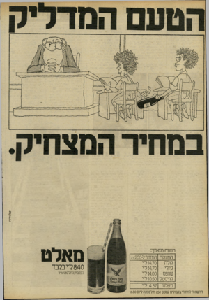 העולם הזה - גליון 2233 - 18 ביוני 1980 - עמוד 36 | השווה בעצמך: המשקה המחיר ל250 -מ־ל קולה 14.70ד י 14.70ל־י קינלי שוו־פס 14.00ל־י . קריסטל 1050ד י מאלט 4.37ל־־י ההשואה למחיריבקבוקים קטנים 250 נרל נכונה ליום