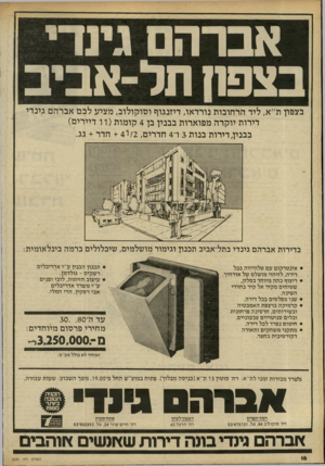 העולם הזה - גליון 2236 - 9 ביולי 1980 - עמוד 17 | אברה גינדי בצפה תל־אביב בצפון ת״א, ליד הרחובות נורדאו, דיזנגוף וסוקולוב, מציע לכם אברהם גינוי דירות יוקרה מפוארות בבנין בן 4קו מו ת(וו דיירים) בבנין,דירות בנות