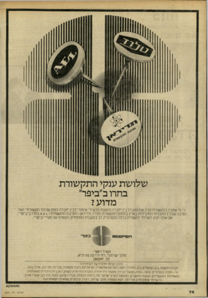 העולם הזה - גליון 2236 - 9 ביולי 1980 - עמוד 71 | שלושת ענקי התקשורת בחרו ב״ביפר״ מדוע? כי מי שמבין בתקשורת מבין את ההבדל בין ״חברה להפצת מכשירי איתור״ לבין ״חברה למתן שרותי תקשורת״ זאת הסיבה שכל 3החברות