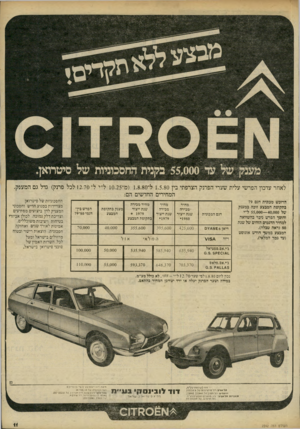 העולם הזה - גליון 2242 - 20 באוגוסט 1980 - עמוד 11 | 55,בקנית החסכוניות של סיטרואן לאחר עדכון הפר שי עלית ש ערי הפרנק הצרפתי בין 1.5.80ל־( 1.8.80מ־ 10.25ל״י ל־ 12.70 לכל פרנק) גדל גם המענק. המחירים החדשים הם: