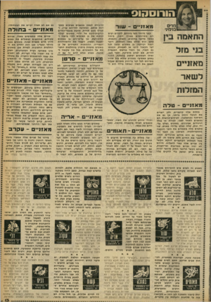 העולם הזה - גליון 2248 - 30 בספטמבר 1980 - עמוד 13 | הורוסהוס מדים בנימיבי התאמוה בין מאזניים * לשאר $המזלות מ אזניי ־ שו ר קשר מיוחד נוצר ביניהם, לדברים רבים הם מתייחסים בצורה דומה, ביחוד כאשר מדובר בחושים,