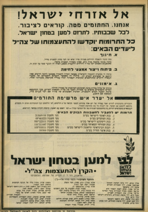 העולם הזה - גליון 2249 - 8 באוקטובר 1980 - עמוד 61 | אל אזרחי ישראל! אנחנו. החתומים מטה. קוראים לצי לבל שבסתיו. לתרום למען טמן ישראל. כ ל התרומות וקדשו להתעצמות! שלצה״ל לי עדי הבאים: א. חינוך מתן חיכוך והשכלה