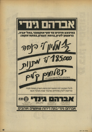 העולם הזה - גליון 2251 - 22 באוקטובר 1980 - עמוד 15 | אברה גהינצע בוא סדהיסו 1ד סור ₪ןיל ) ניון, נומח תל־ א ביב(ז מני): רח׳ סו טין ,13ת״א (כניס ה מבלוך). רמת־השרון: רח׳ סו קו לו ב , 84 טל׳ 475131־ ;03 ג מ די