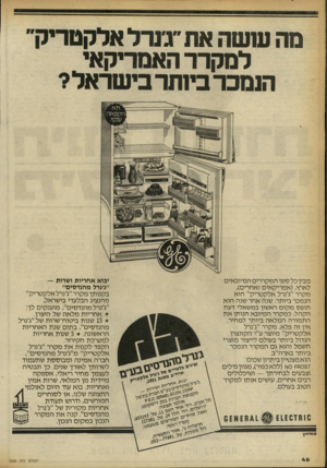 העולם הזה - גליון 2256 - 26 בנובמבר 1980 - עמוד 47 | מה ששר אוו ״ג׳נרל אלקטריק״ למקרר האמריקאי הנמכר ביותר בישראל? מבין כל סוגי המקררים המיובאים לארץ( ,אמריקאים ואחרים), מקרר ״ג׳נרל אלקטריק״ הוא הנמכר ביותר. שנה