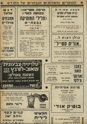 העולם הזה - גליון 2256 - 26 בנובמבר 1980 - עמוד 64 | המוצרים והש רו תי ם הנ ב ח רי ם של החודש מבצע הרבה סטריא! !! בפחות בסך!! שטח1 בבית שקרים תחוש נצדד המוסיקה פאר שטיחי כרמל גבעתי רמת־גן, ז׳בוטינסקי , 88 טל