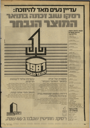 העולם הזה - גליון 2262 - 7 בינואר 1981 - עמוד 15 | ע דיין נעים מאד 7הי 11 כח : מבחר דירות־ רווחה וויזיות^וטג׳ים ודירות־גג: תל-אביב: • שכונת צמרת - דירות יוקרה 5,4חדרים • על הפארק - דירות רווחה / 2י 4חדרים •