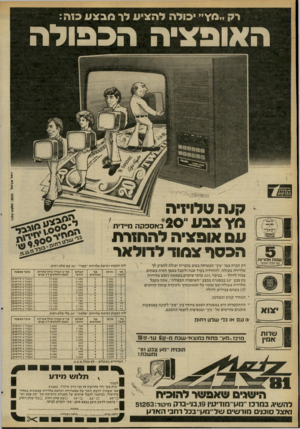 העולם הזה - גליון 2265 - 28 בינואר 1981 - עמוד 16 | רק ״מ?״ •כולה להציע לו הבצע כזה: האופציה הכפולה יואל אביטל שנות אחריות טל חלקי חילוף קנה טרויזיה ס׳ץ צבע״ 20 באספקה מיידית 1 עם אובציה להחזרת הכסף צמוד לדולאר