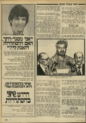 העולם הזה - גליון 2268 - 18 בפברואר 1981 - עמוד 49 | הללבגללת לונו (המשך מעמוד )13 זה לא מסוכן?״ דואג לביא .״להיפר,״ נאמר לו בחיוך, ״במדינה הפלסטינית אנחנו מרגישים כמו בבית. כבר שכחנו שפעם לחמתם בהם.״