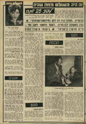 העולם הזה - גליון 2271 - 11 במרץ 1981 - עמוד 67 | 1ה היה 031119הזה שחיה גיליון ״העולם הזה״ ,שראה אור השבוע לפני 25 שנה בדיוק, הקדיש את כתבת השער לאופירה ארז, שזכתה כתואר ״צברית 56׳״ .מדורו של העורר ,״הנדון״