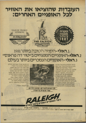 העולם הזה - גליון 2277 - 22 באפריל 1981 - עמוד 64 | העובדות שהוציאו את האוויר לבל האופניים האחרים: .1ראלי-הקניה הטובה ביותר 1981 .2ראלי-האופניים המנצחים ב״טור דה פראנס׳׳ .3ראלי-האופניים הנמכרים ביותר בעולם