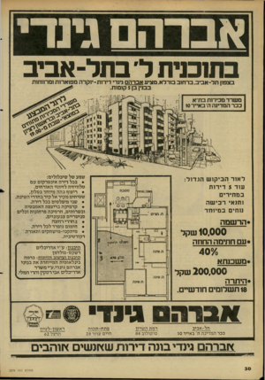 העולם הזה - גליון 2278 - 29 באפריל 1981 - עמוד 30 | אבדה גינדי בתוכנית ל׳ בתל־אביב בצפון תל־־אביב.ברחוב בורלא.מציע אברהם גיורי דירות-יוקרה מפוארות ומרווחות בבנין בן 5קומות. מ שרד מכירות בת״א ככר המדינה ה׳ באייר