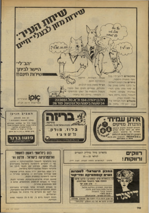 העולם הזה - גליון 2278 - 29 באפריל 1981 - עמוד 70 | מתקשרים ל״הב־לי״ בכל שעה משעות הי ממה. בוחרים את ה מזון ה א הוב על כלבך מתוך מגוון של 30 סוגי מזון מוכן וטרי באיכות מעולה (דוגלי; דוגמור, בונזו, גיינס, בשר טרי