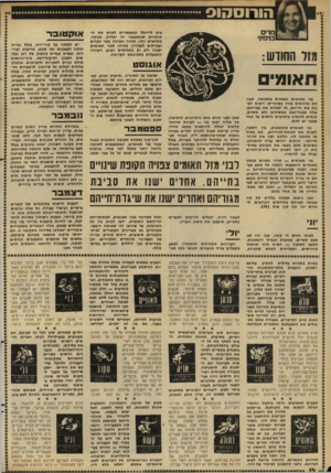 העולם הזה - גליון 2281 - 20 במאי 1981 - עמוד 14 | הורוסהוס מרים מימיני מזל החודש: תאומי בני תאומים נמצאים בתקופה, שבה הם מרגישים צורן בשינויים. רוצים לשנות את חייהם, או לפחות את עבודתם. אלה שבכל־זאת ממשיכים