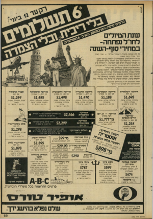העולם הזה - גליון 2282 - 27 במאי 1981 - עמוד 23 | עונת הטיולים לחו׳ ל נפתחה־במחירי סוף־השנה כל מה שאתה מקבל ב׳יאופיר טורס״ — שוה קצת יותר, עולה קצת פחות. שיטת התשלומים מאפשרת לך לנסוע בראש שקט: !/3המחיר בהרשמה