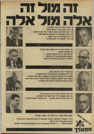 העולם הזה - גליון 2282 - 27 במאי 1981 - עמוד 71 | 1ה מול 1ה אלה מול אלה מי שקול יותר בדיבור ובמעשה ז מי יציב יותר ברוחו ובהתנהגותו? מי רואה למרחוק ועומד בשתי רגליו על הקרקע - -י ומי נסחף במליצותיו ומתעלם