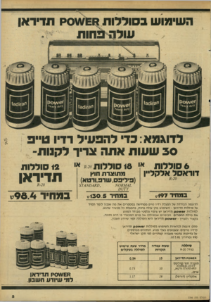 העולם הזה - גליון 2286 - 24 ביוני 1981 - עמוד 5 | השימוש בסוללות לדוגמא: בד• להפעיל רדיו ט״ב 30 שעות אתה צריך לקנות- 6סוללות א׳ 16 סוללות ׳** דוראסל אלקל״ן 8 -2 0 מתוצרת חוץ (ביליפסשדפורטא) $ 071^4 7 0 4 £ 7