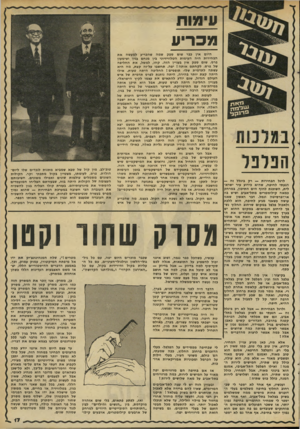 העולם הזה - גליון 2287 - 1 ביולי 1981 - עמוד 17 | עימות מכריע הפלפל לרגל הבחירות — רק ביגלל זה — הגעתי לחיפה, שהיא כידוע עיר ישראלית, השופנת לחוף הים התיכון, במרחק כמאה קילומטרים מתל״אביב ושיש בה אוניברסיטה