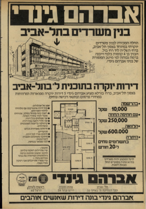 העולם הזה - גליון 2293 - 12 באוגוסט 1981 - עמוד 34 | גינדי אברהם בנין משרדים בתל־אביב החלה הממרה לבנין משרדים יוקרתי במיוחד בצפון תל־אביב, ברח׳ השל״ה ליד רח׳ בזל. הבנין בן 4קומות בלבד וייבנה ברמה גבוהה לפי מיטב