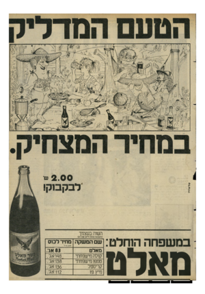 העולם הזה - גליון 2295 - 26 באוגוסט 1981 - עמוד 17 | 2 . 0 0ער לבקבוק! השוה בעצמך במשפחה הוחלט: מאלט (השואה נכונהליום )27.7.81 שם המשקה מחיר לכוס 200ח״ ל מאלט קולה מישפדזתי טמפו מישפחתי קריסטל מיץ פז 83 אני. 148