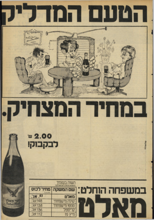 העולם הזה - גליון 2296 - 2 בספטמבר 1981 - עמוד 15 | 2.00 יו לבקבוק! השוה בעצמך במשפחה הוחלט: מאלט (השואה(כונה דיו )27.7.81 שם המשקה מחיר לכוס 0 200״ל מאלט מ. אגי. קולה מישפחתי טמפו מישפחתי קריסטל מיץ פז 148 אג: