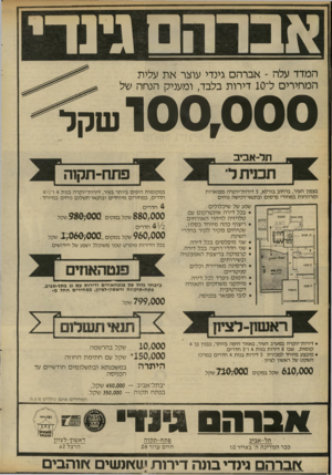 העולם הזה - גליון 2298 - 16 בספטמבר 1981 - עמוד 23 | אברהם גינדי 100,000שקל המדד עלה ־ אברהם גינדי עוצר את עלית המחירים ל־ 10 דירות בלבד, ומעניק הנחה של תל־אביב בצפון העיר, ברחוב בורלא 5 ,דירות־יוקרה מפוארות