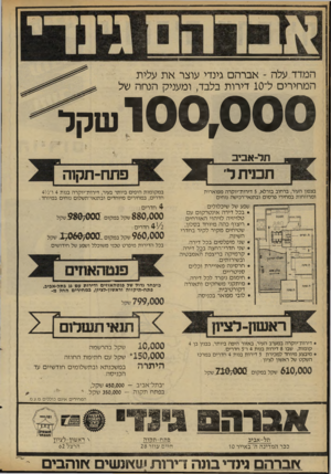 העולם הזה - גליון 2299 - 23 בספטמבר 1981 - עמוד 23 | ה מדד עלה ־ אברהם גינדי עוצר א ת עלית ה מ חירי ם ל־ 10 דירו ת בלבד, ומעניק הנ ח ה של 1 0 0 , 0 0 0שקל תל־אביב תכנית ל־ בצפון העיר, ברחוב בורלא 5 ,דירות־יוקרה