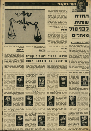 העולם הזה - גליון 2301 - 5 באוקטובר 1981 - עמוד 23 | הורוססוס מדים בנימיג׳ תחזית שנתית לסי מז ל מאזני $ק שרי משפחח ״ ם השגה החולפת, שלא היווה קלה במיוחד במה שקשור לקשיים מישפחתיים, עדיין ממשיכה לגרום קשיים.