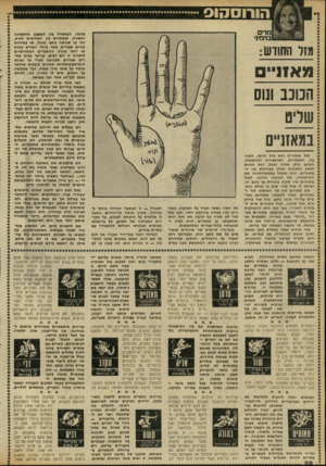 העולם הזה - גליון 2303 - 19 באוקטובר 1981 - עמוד 20 | הורוסהוס מדים בנימינ׳ חזו החודש: מאזני 3 שליט במאזניים מזל מאזניים הוא מזל היופי, האה־בה, האמנויות, השותפויות והנישואין. הכוכב ונוס, שליט המזל, הוא הגורם לשפע