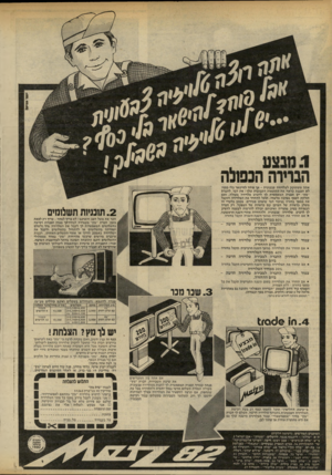 העולם הזה - גליון 2317 - 27 בינואר 1982 - עמוד 30 | יואל אביטל הברירה הנמלה אתת משתוקק לטלויזיה צבעונית -אן פוחד להישאר בלי בסף? לא תכננת כראוי את ההוצאות הקבועות שלוי אין דבר. לחברת ״מ׳ן׳ יש תכנית המאפשרת לך