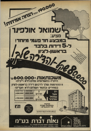 העולם הזה - גליון 2320 - 17 בפברואר 1982 - עמוד 27 | ש מו א ל או ל פיו ר מציע: במבצע חד פעמי מיוחד! ל 5 -דירות בלבד בראשון-לציון משכנתאות 6 0 0 .0 0 0 -ש- היתרה בתשלומים ו1חי ללא ריבית! זו ההזדמנות שלך לרכוש דירה
