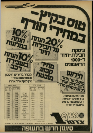העולם הזה - גליון 2321 - 24 בפברואר 1982 - עמוד 50 | *011 חביל ת־ תיור ל ־1000 הראשונים מבחהמחירים, חיסכון, והנחות שכאלה־אין לאף אחד אחר! מחיר קיץ פנה לסוכן הנסיעות, בחראת יעדי הטיסה ורכוש עכשיו כרטיס קיץ במחיר
