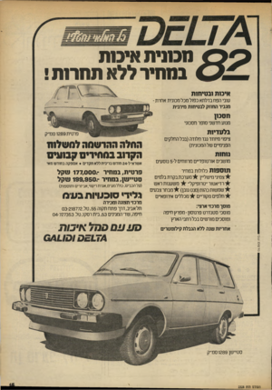 העולם הזה - גליון 2328 - 12 באפריל 1982 - עמוד 15 | 0 9מכוני ת אי מ ת _ 0במחיר ללא תחר 1ת ! איכות וב טיחות עובי הפח בדלתא כפול מכל מכונית אחרת - מגביר החוזק לבטיחות מירבית ח ס כו! מנוע חד שני סופר חסכוני בל עדיו