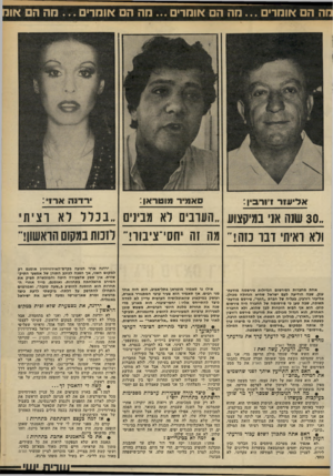 העולם הזה - גליון 2328 - 12 באפריל 1982 - עמוד 47 | וה הם או מ רי ם מ ה הם או מ רי ם מההם או מ רי ם מהה אוו סאמיר מוטראן : אליעוור דו ר בין : •רדנה ארז : ״ 30 שנה אני במקצוע הערבים לא מבינים ״ בכלל לא רצית ולא