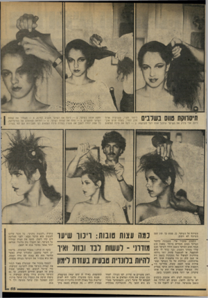 העולם הזה - גליון 2330 - 28 באפריל 1982 - עמוד 57 | תיסווקת סיס בשלנים לימור הקרי, ששיערה ארוך חלק למדי, בעלת פנים אוב־ליות. אלי סירק את השיער וגילגל אותו לצד הקרקפת — 2 .לקח את סיכת הפלאים השיזוף על השיער. כן,