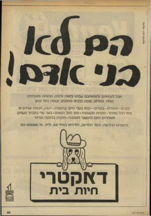 העולם הזה - גליון 2332 - 12 במאי 1982 - עמוד 57 | אזבל לנוחיותם ולנוחיותכם עברנו לחנות גדולה, מרווחת ומסודרת: קומת צפורים, קומת כלבים וחתולים וקומת ציוד ומזון כלבים -חתולים • צפורים י־ ייבוא! בעלי חיים