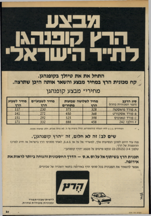 העולם הזה - גליון 2334 - 26 במאי 1982 - עמוד 34 | התחל את את טיולן בקופנהגן. קח מכונית הרץ במחיר מבצע והשאר אותה היבן שתרצה. מחירי* מבצע קופנהגן סוג הרכב ( דג מי המכוניות בהרץ) 4פורד 8פורד 0פורד = 1וולבו