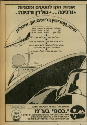 העולם הזה - גליון 2334 - 26 במאי 1982 - עמוד 8 | אוניו ת ה קו לנו ס עי ם ומכוניו ת •ורגינה״״* גולדן ורגינה בתאמ מוזג במו שב מ טו ס לצ עירי ם איטליה 310־$ 8 5 $145 $217 $ 4 0 $75 $136 יוון $20 $40 $60 קפריסין