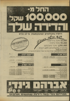 העולם הזה - גליון 2338 - 23 ביוני 1982 - עמוד 34 | 10.000 שקל בהרשמה 90.000 שקל בחוזה 1,000,000 שקל משכנתא והיתרה בתשלומי ללא ריבית אפשרותל-ו^ו 0 £ח ז הלוואותמשלימותלבע לי תעודתזכאותשלמשרדהשי כו ן ו לזו