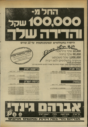 העולם הזה - גליון 2339 - 30 ביוני 1982 - עמוד 23 | היתרה בתשלומים ובמשבנתאות עד 10 שנים 10.000 שקל בהרשמה 90.000 שקל בחוזה 1,000,000 שקל משכנתא והיתרה בתשלומי ללא ריבית אפשרות ל-או הלוואות משלימות לבעלי תעודת