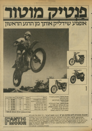 העולם הזה - גליון 2344 - 4 באוגוסט 1982 - עמוד 27 | אופנוע פנטיק מוטור, אופנוע משוכלל אמין ומרשים. פנטיק מוטור, מכניס קצב לחיים שלך. פנטיק מוטור. שאל רבע מיליון צעירים בעולם. הם יספרו לך. לבחירתך מבחר אופנועי