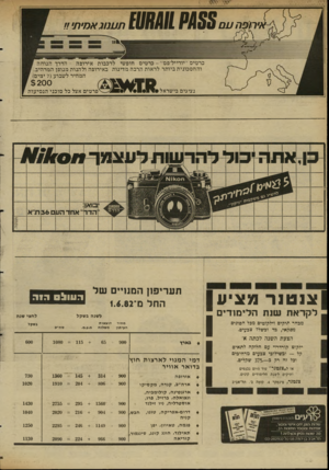 העולם הזה - גליון 2345 - 11 באוגוסט 1982 - עמוד 33 | אי רו פ ה £084// 0485 א מי תי 2נ כרטיס ״יורייל־פס״ -כרטיס חופשי לרכבות אירופה -הדרך הנוחה והחסכונית ביותר לראות הרבה מדינות באירופה ולהבות מגופן המרהיב. המחיר