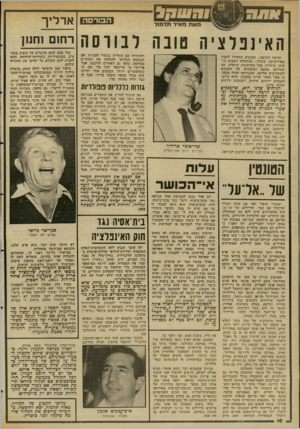 העולם הזה - גליון 2346 - 18 באוגוסט 1982 - עמוד 11 | מאת נואיר תדמח־ הבורסה האינפלציה טובה לבורסה ולהרוויח עם העלייה בשערי המניות. אם הבנקים החליטו להעלות את השערים בבורסה, כדאי גם לאחרים להיכנס. אבל פרייער מי