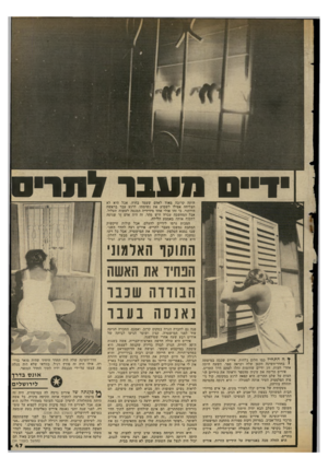 העולם הזה - גליון 2347 - 25 באוגוסט 1982 - עמוד 47 | ד״ם תעבר לתריס היתד, קרובה מאוד לאדם שעמד בחוץ, אבל היא לא הצליחה אפילו לשמוע את נשימתו. לרגע עבר בראשה הירהור, כי זהו אולי אחד מידידיה המנסה לעשות תעלול. אבל