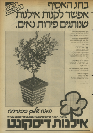 העולם הזה - גליון 2353 - 6 באוקטובר 1982 - עמוד 19 | כחגהאסיף ־אפשרלקטתאילנוו ^׳52 שנותנים פיחתנאים. מלבר הפירות שמהם אתה נהנה כל השנה בקרנות הנאמנות של ״אילנות ריסקונט״ מוענקת לך בחג האסיף הטבה מיותרת: התעודות