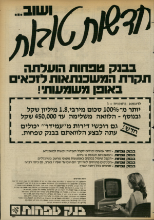 העולם הזה - גליון 2364 - 22 בדצמבר 1982 - עמוד 27 | בבנק טפחות הועלתה תקרת המשכנתאות ל1כאי לדוגמא: בתוכנית 3 + יותד מ־ 1000/0סכום מידבי 1.8,מיליון שקל ובנוסף ־ הלוואה משלימה עד 450,000 שקל גם רוכשי דירות