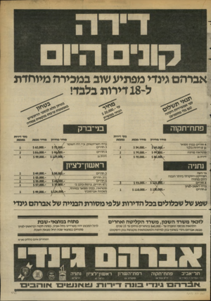העולם הזה - גליון 2368 - 19 בינואר 1983 - עמוד 36 | אברהם גיגדי מפתיע שוב במכירה מיוחדת 4חדרים בבניו מפואר בן 8דירות בלבד פנטהאוז מתו ח דירת גג ־$99( 000. ־$ 54,000. ־$ 79,000. ־$ 70,000. ברח׳ השריונאים, ע״י רח׳