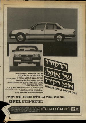 העולם הזה - גליון 2369 - 26 בינואר 1983 - עמוד 13 | ח ד שו * א ת אופל רקורד כמעט ו אין צורך להציג. אנו מציגים רק א ת החידו שי ם שלה. לבחירתך 2דג מי ם: סטנדרט ולוקסוס. בנפח מנוע 1800ס מ״ ק( 90כ׳׳ס .0א1 )0 .־