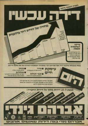 העולם הזה - גליון 2370 - 2 בפברואר 1983 - עמוד 23 | מאות משפחות שרכשו דירה אצל אברהם גינדי במסגרת המבצעים השונים עשו את עסקת חייהם. עי סקת חיי ם •נ ט חון • מ חי ר הנחות כספיות משמעותיות . ערבות בנקאית צמודה. • ש