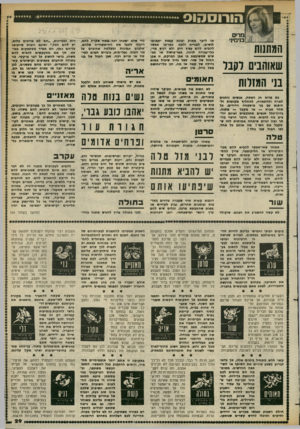 העולם הזה - גליון 2378 - 28 במרץ 1983 - עמוד 30 | הורוסחוס המתנות שאוהבים רקבר בני המזלות עם פרוס חג הפסח, אנשים נוהגים לארח ולהתארח, להחליף מקומות ולהיפגש עם בני מישפחח וידידים. כל אחד מביא — או מקגל — מתנה.